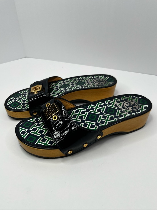 Tory Burch Shoes - Tory Burch Dixon Black Green Patent Leather Gold Logo Slide Sandals Size 8.5